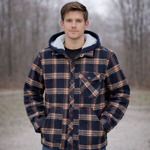 Sunrise Kingdom Hooded Plaid Flannel Jacket Sherpa Lined Button Up Men’s